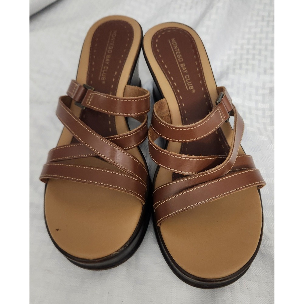 Montego‎ Bay Club Womens Brown Leather Strappy Wedge Platform Sandals Size 9